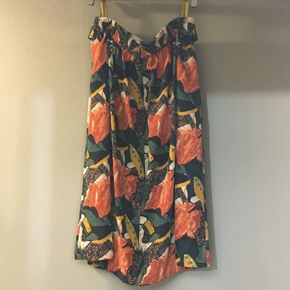 Vintage 80s Union Made Orange and Green Abstract Button Waist Pleated Midi Skirt - Picture 2 of 14